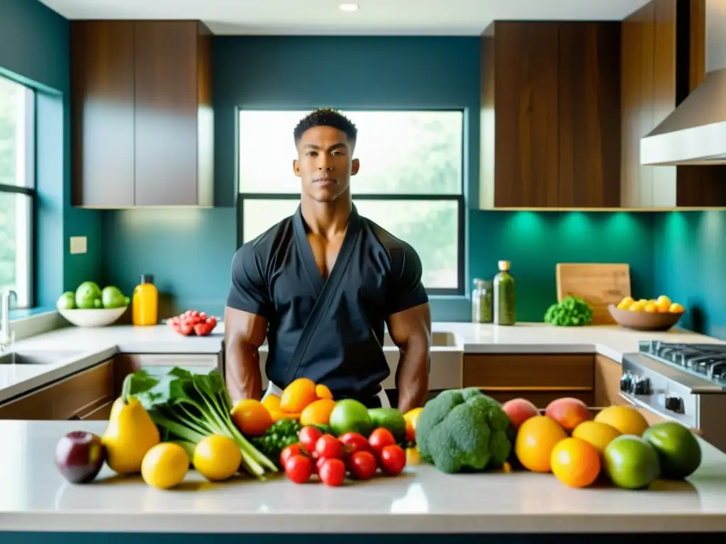 Un atleta de artes marciales prepara alimentos en una cocina llena de ingredientes frescos y coloridos