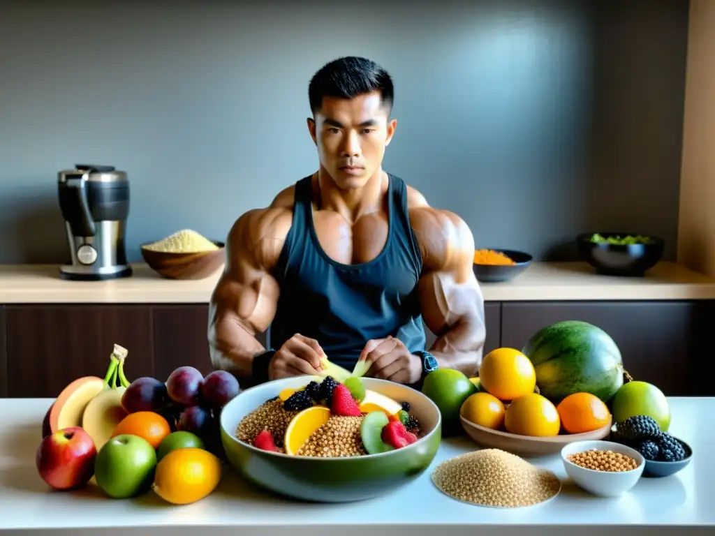 Un atleta de artes marciales concentrado preparando su comida postpesaje con consejos nutricionales día pesaje artes marciales