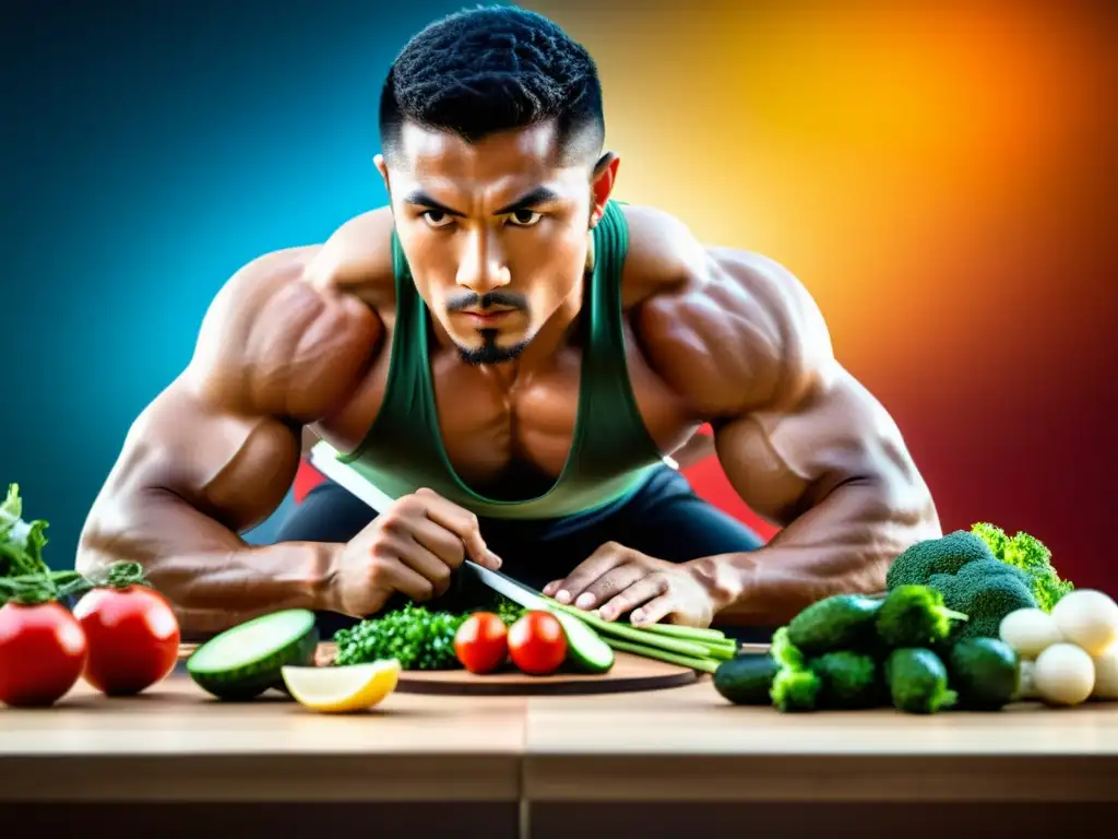 Un atleta de artes marciales prepara con dedicación una alimentación antes del combate, mostrando determinación y cuidado en cada detalle de la comida