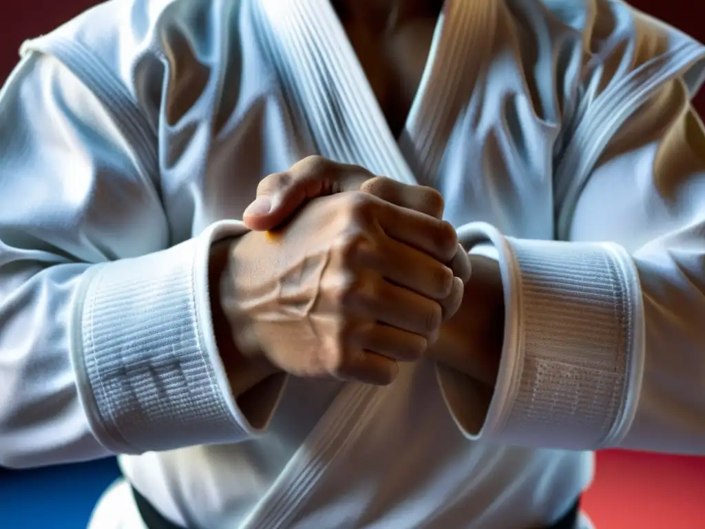 Un atleta de artes marciales se prepara en un gimnasio, mostrando determinación