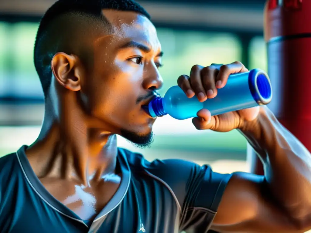 Un atleta de artes marciales se hidrata en un intenso entrenamiento, resaltando la importancia de la hidratación en artes marciales