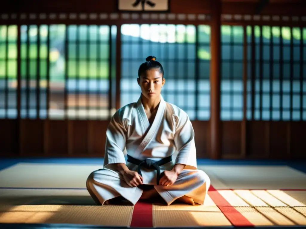 Un atleta de artes marciales en un poderoso midkick en un dojo tradicional, exudando determinación y disciplina