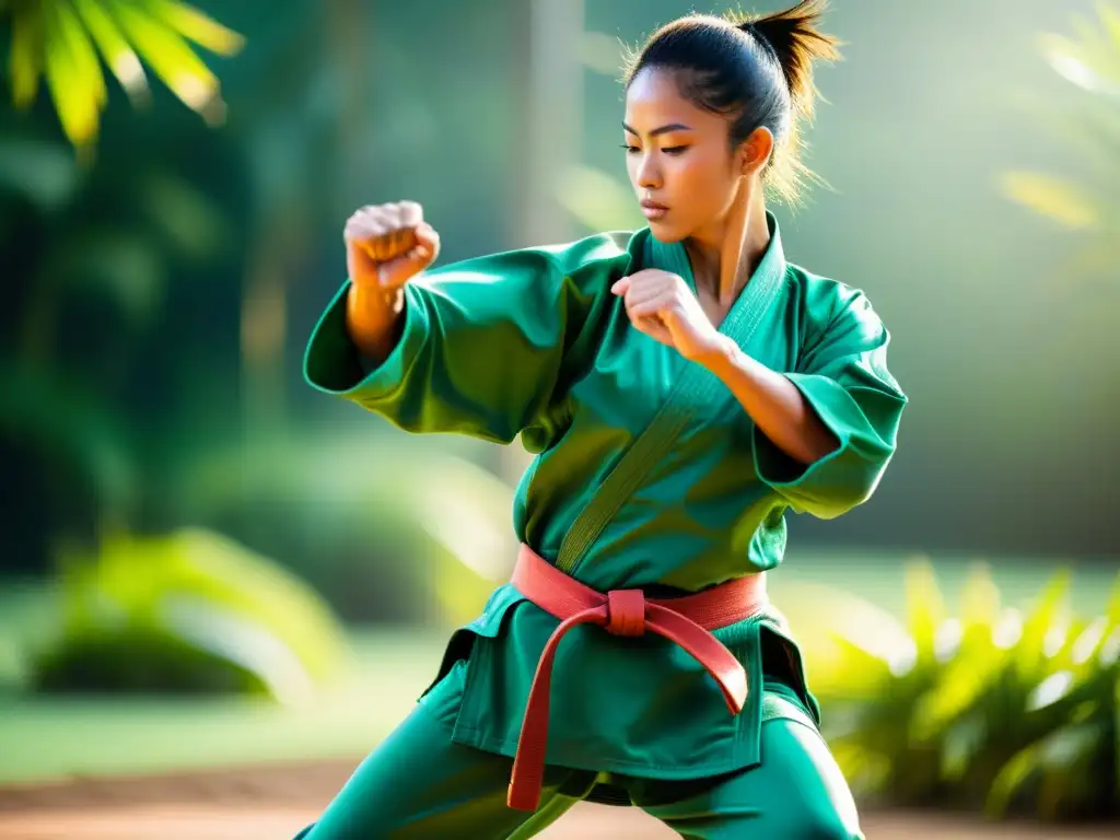 Un atleta de artes marciales realiza una potente patada en un escenario tropical, luciendo ropa de entrenamiento para artes marciales