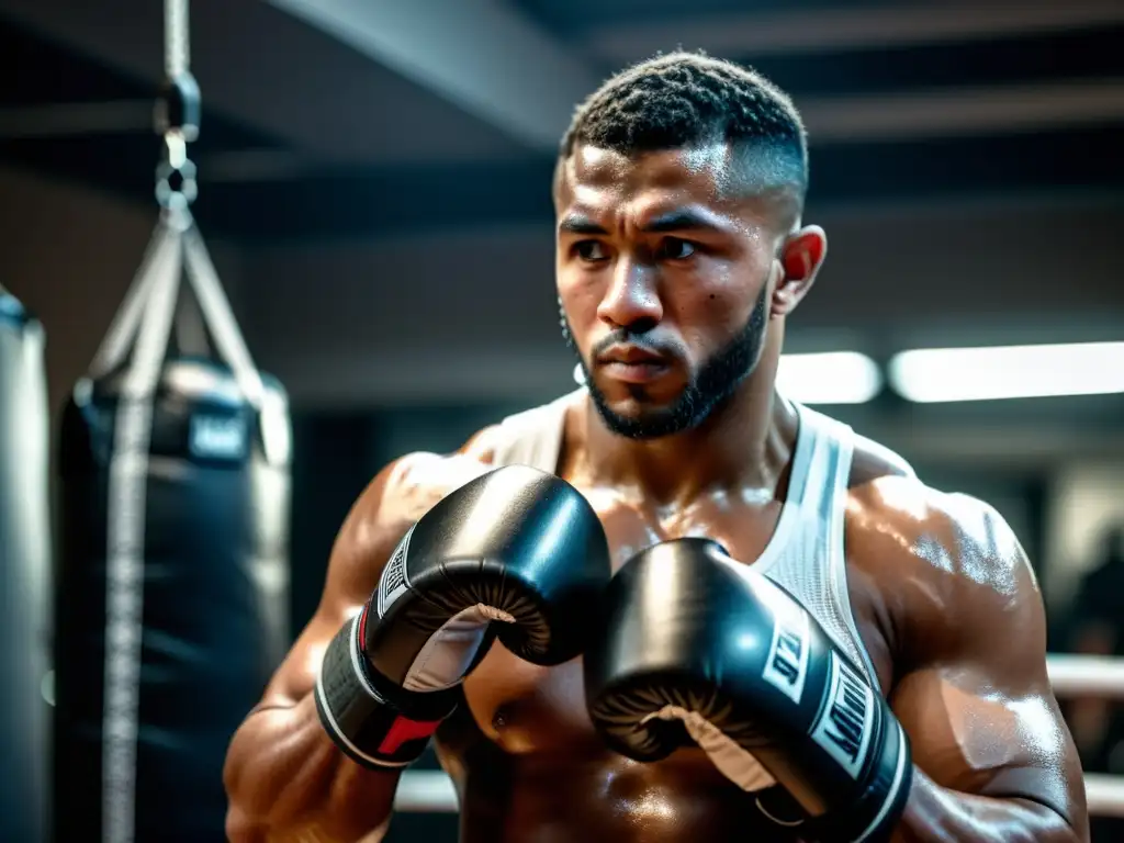 Un atleta de artes marciales profesional se prepara en un gimnasio, con los músculos tensos y determinación