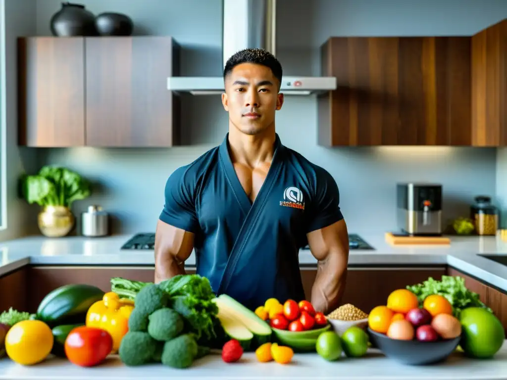 Un atleta de artes marciales prepara una receta post entrenamiento en una cocina llena de ingredientes saludables