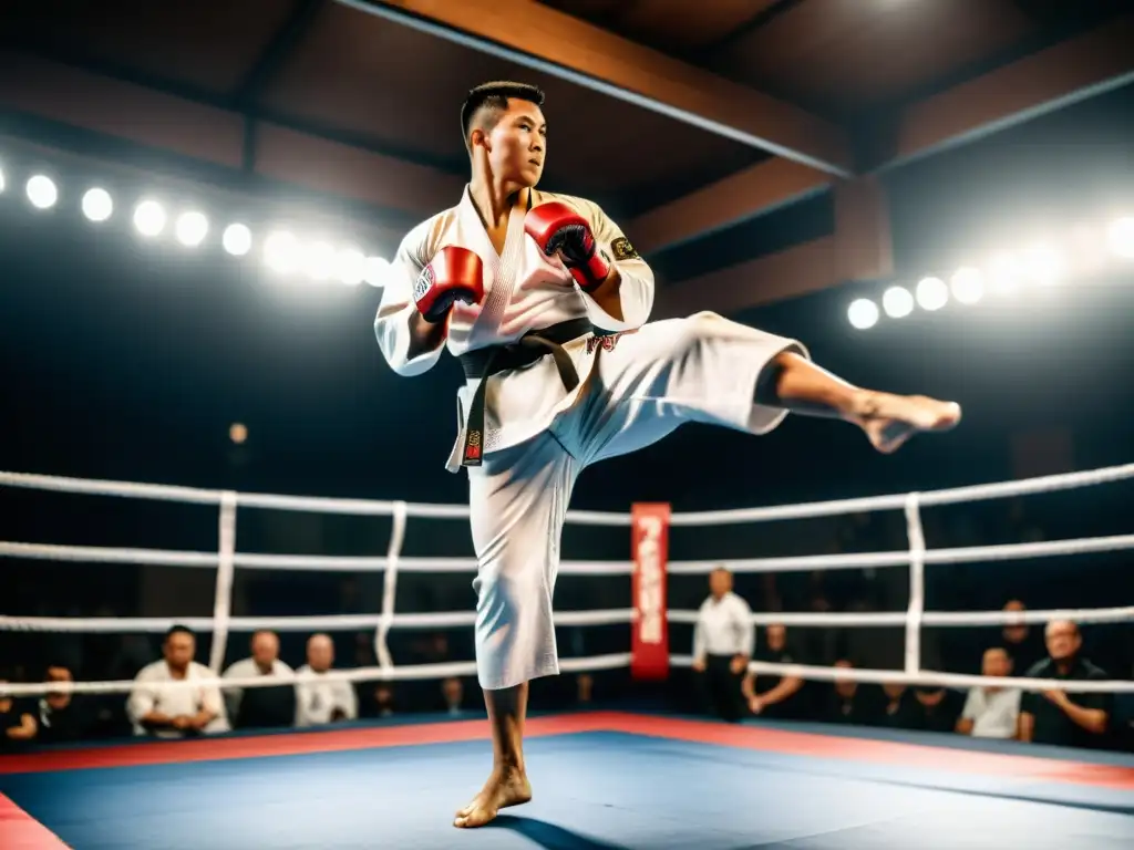 Un atleta de artes marciales en el ring, ejecutando una potente patada, destaca la concentración y determinación