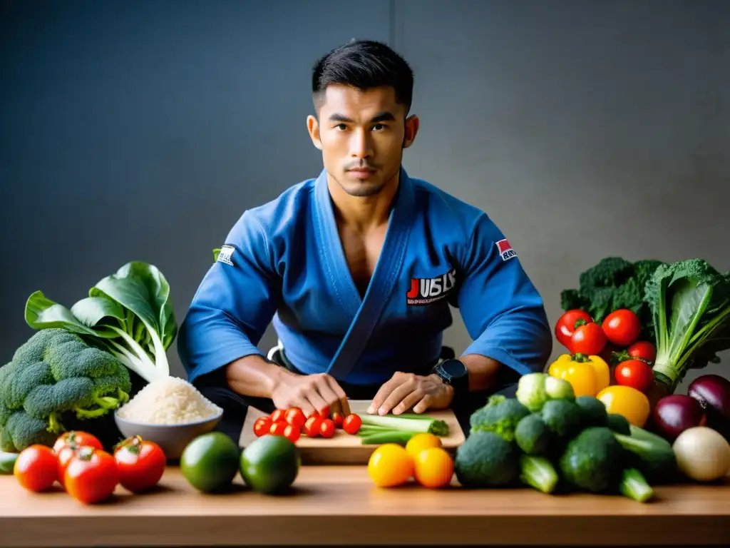Preparación Nutritiva: Un Atleta de Jiu-Jitsu en Acción Un atleta de JiuJitsu Brasileño experto en nutrición, preparando una comida equilibrada con alimentos coloridos y nutrientes