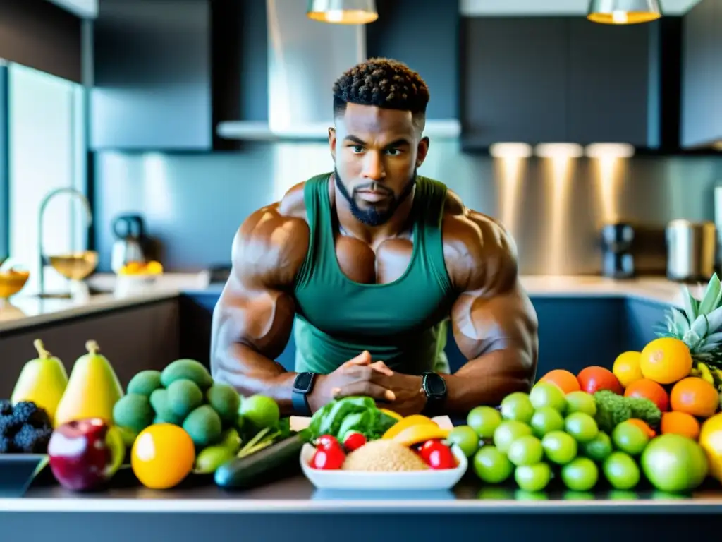 Un atleta de combate planifica sus comidas con determinación y enfoque, rodeado de alimentos frescos y coloridos