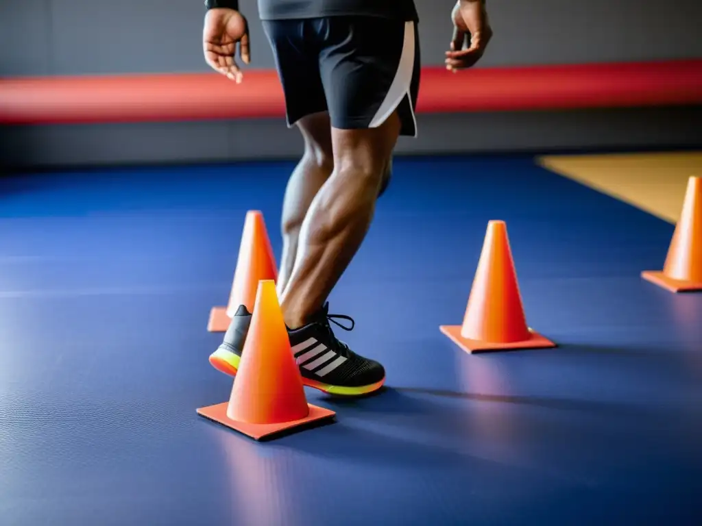 Un atleta realiza un complejo ejercicio de pies con conos de agilidad en un estudio vibrante