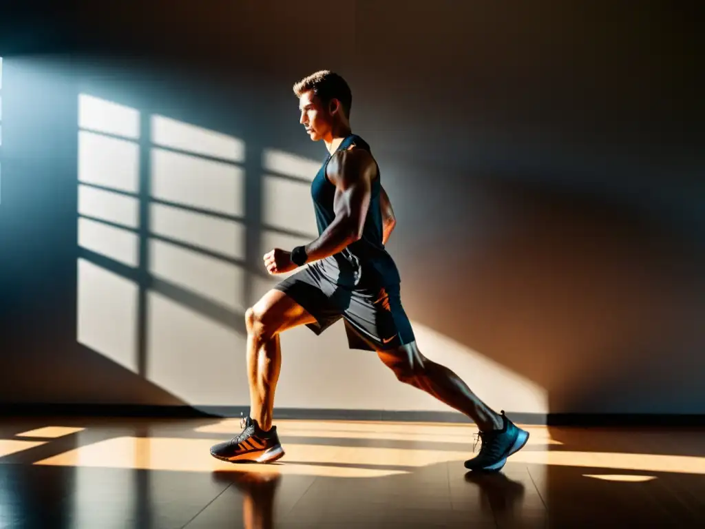 Un atleta concentrado realiza ejercicios de sombras para coordinación en un gimnasio, mostrando determinación y agilidad