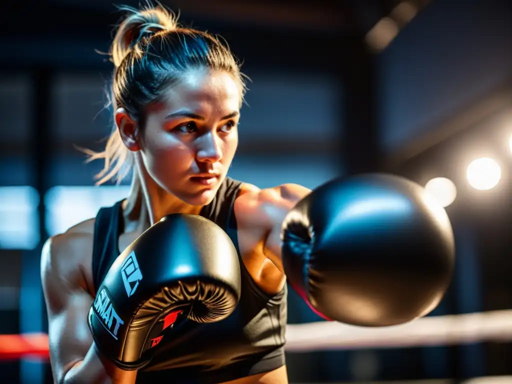 Un atleta concentrado usando guantes inteligentes para mejorar golpeo en un ambiente de entrenamiento con tecnología de vanguardia