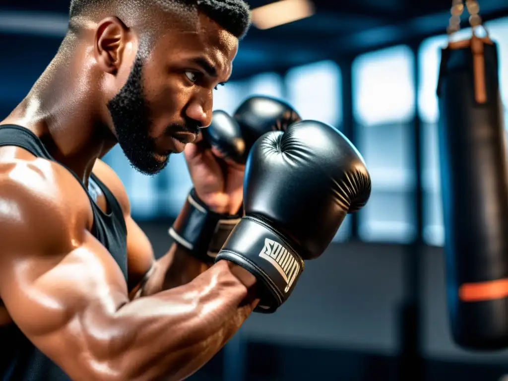 Un atleta concentrado lanza un poderoso golpe con guantes inteligentes para mejorar golpeo en un gimnasio de boxeo con ambiente dramático