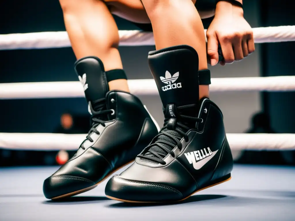 Un atleta determinado se ata las mejores botas de boxeo para rendimiento óptimo, mostrando autenticidad y energía poderosa