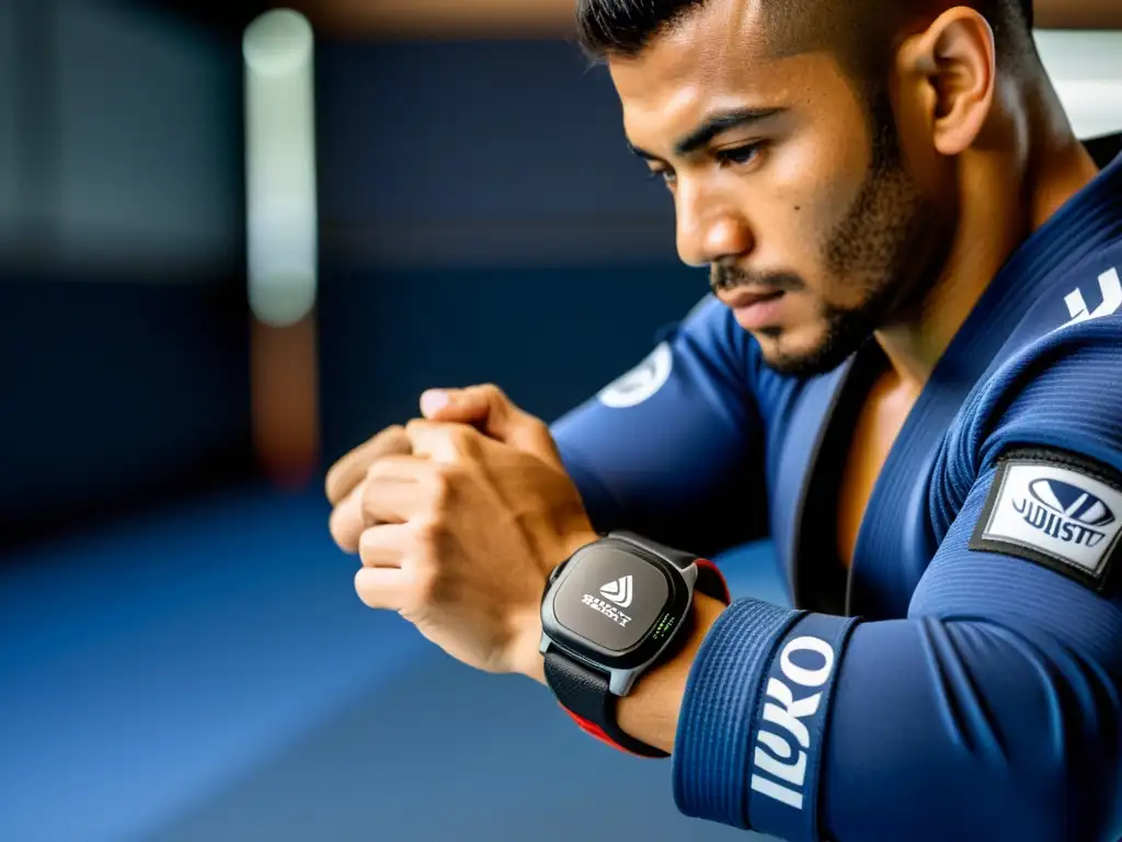 Un atleta de BJJ usa un dispositivo wearables en el entrenamiento, fusionando tecnología y tradición en una imagen impactante