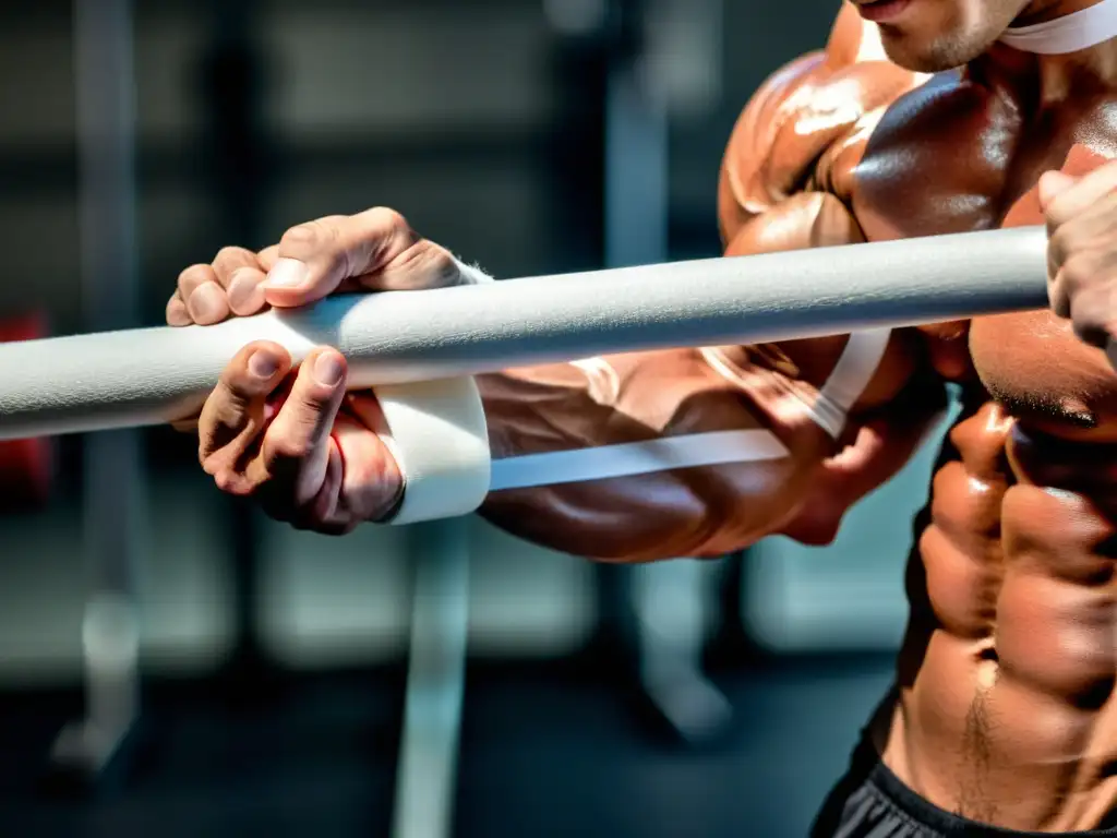 Un atleta concentra su fuerza y determinación al agarrar una barra con intensidad