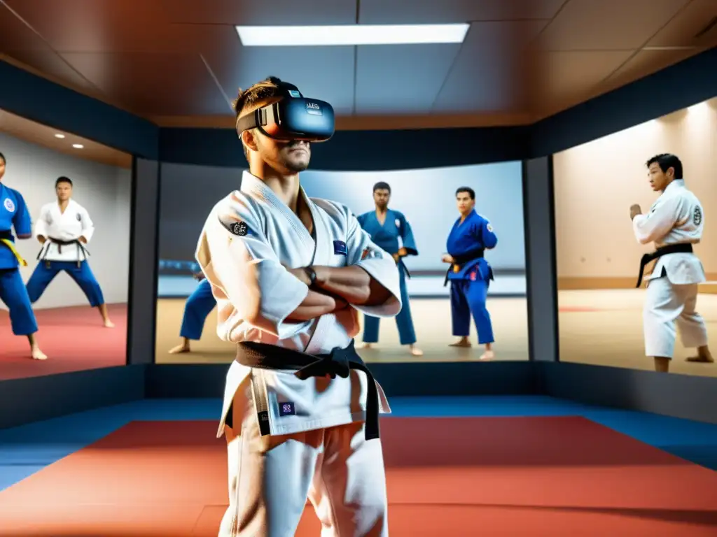 Un atleta de judo con auriculares de realidad virtual se entrena en un dojo digital, concentrado en mejorar técnica judo entrenamiento virtual