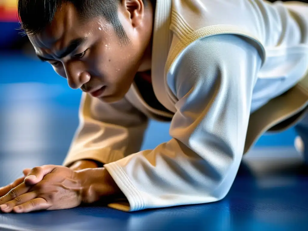 'Un atleta de judo concentrado y sudoroso practica en el tatami, mostrando la intensidad del entrenamiento