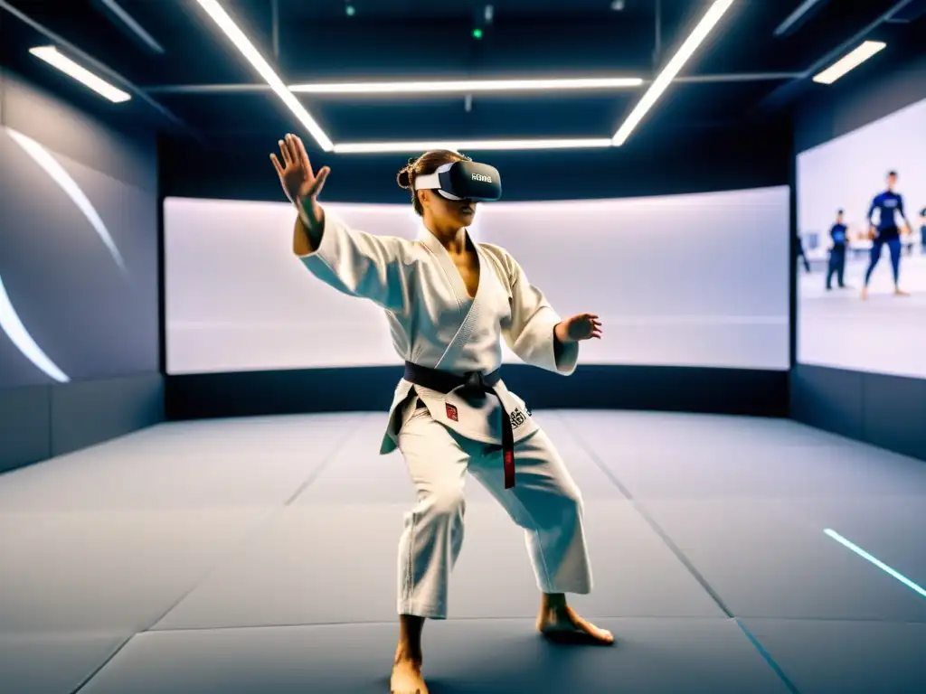 Un atleta de judo practica en un entorno virtual, mejorando técnica judo entrenamiento virtual con alta tecnología y concentración