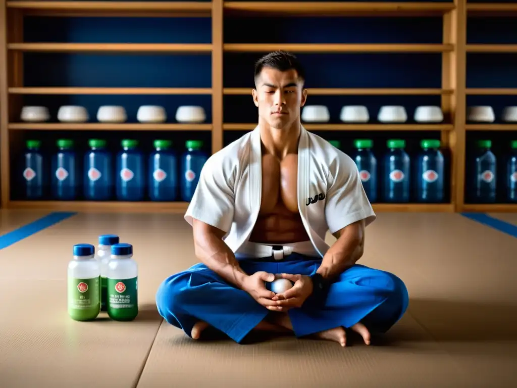 Un atleta de judo musculoso en postura meditativa rodeado de suplementos de recuperación muscular postentrenamiento judo