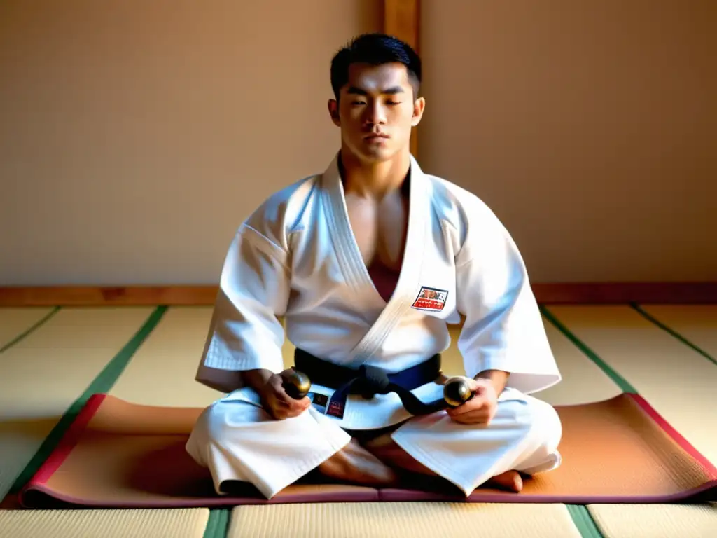 Un atleta de judo en posición seiza sobre tatami rodeado de suplementos para recuperación muscular postentrenamiento judo, irradiando determinación y fuerza