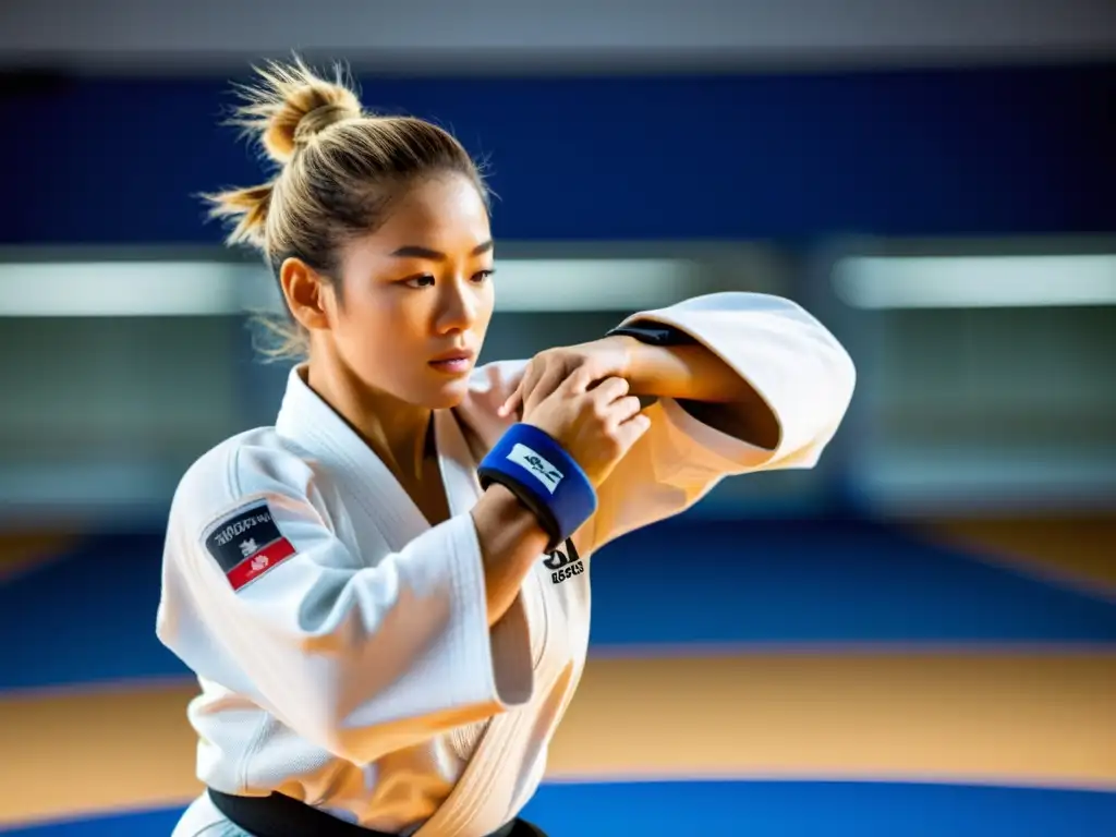 Un atleta de judo usa tecnología wearable para perfeccionar su técnica en un centro de entrenamiento profesional, mostrando concentración y precisión