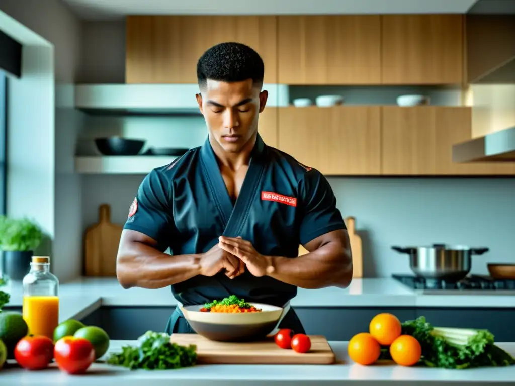 Un atleta marcial prepara una comida balanceada en la cocina, mostrando la importancia de la alimentación para atletas marciales de élite