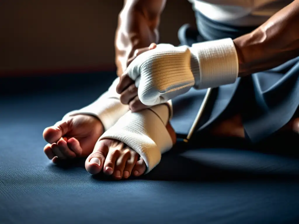 Un atleta marcial de élite se prepara para el entrenamiento, con vendajes tradicionales en manos y pies