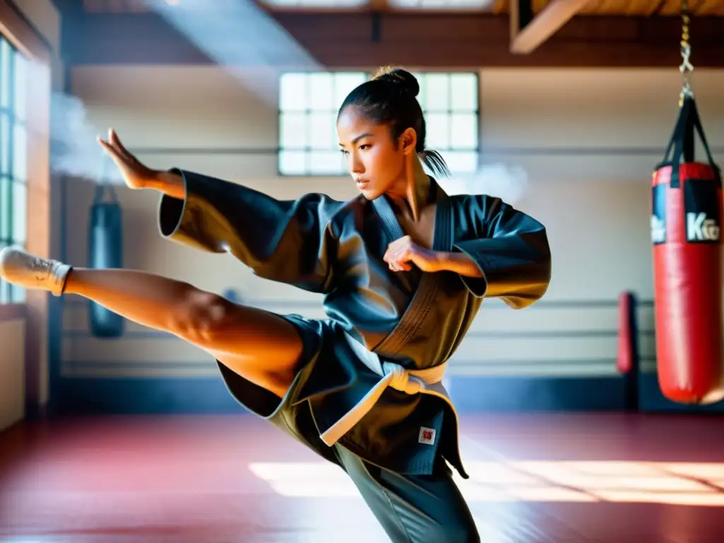 Una atleta marcial realiza un perfecto golpe alto en un dojo, mostrando determinación y fuerza