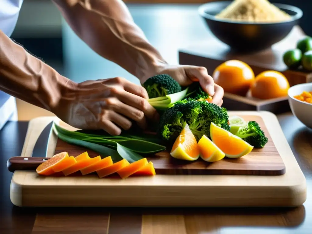 Un atleta marcial prepara con precisión una comida equilibrada, resaltando la importancia de la alimentación para atletas marciales de élite