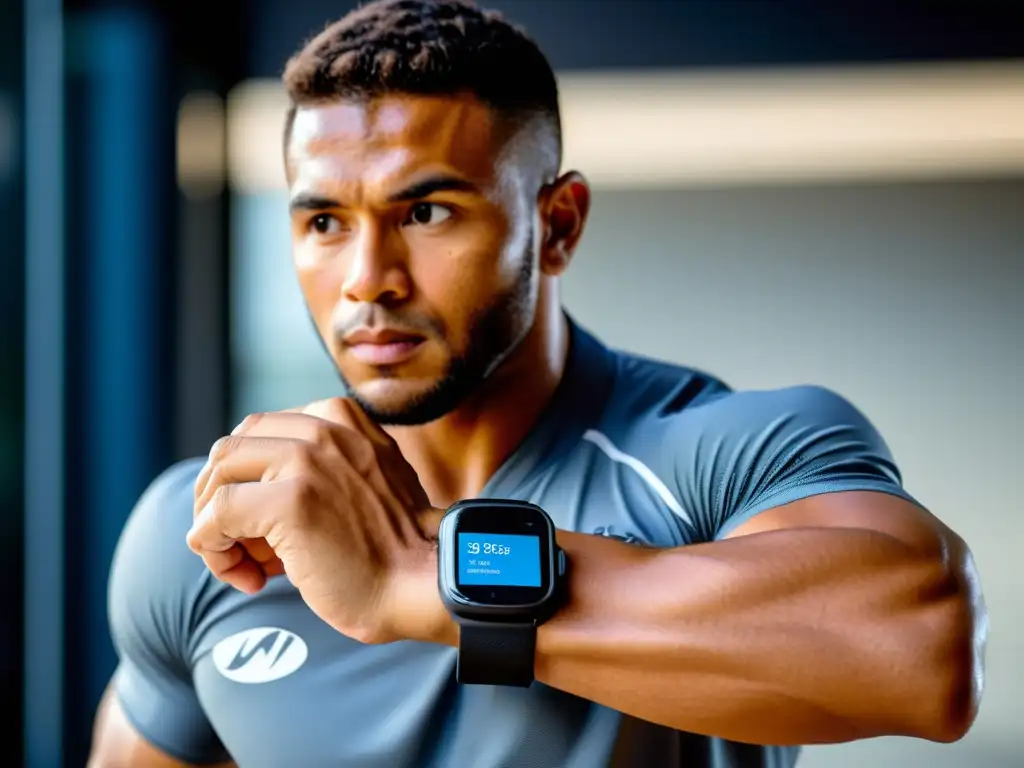 Un atleta de Brazilian JiuJitsu lleva un moderno smartwatch mientras entrena en un gimnasio lleno de actividad