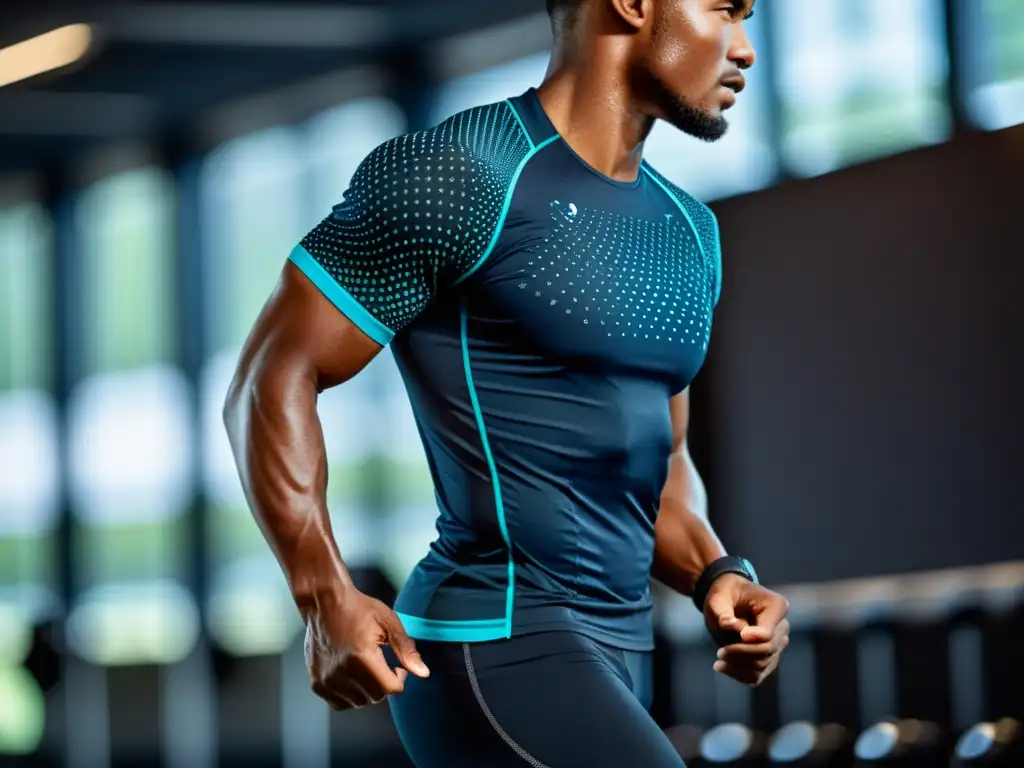 Un atleta en movimiento con ropa de entrenamiento con tecnología de compresión, destacando su determinación y el entorno de entrenamiento intenso