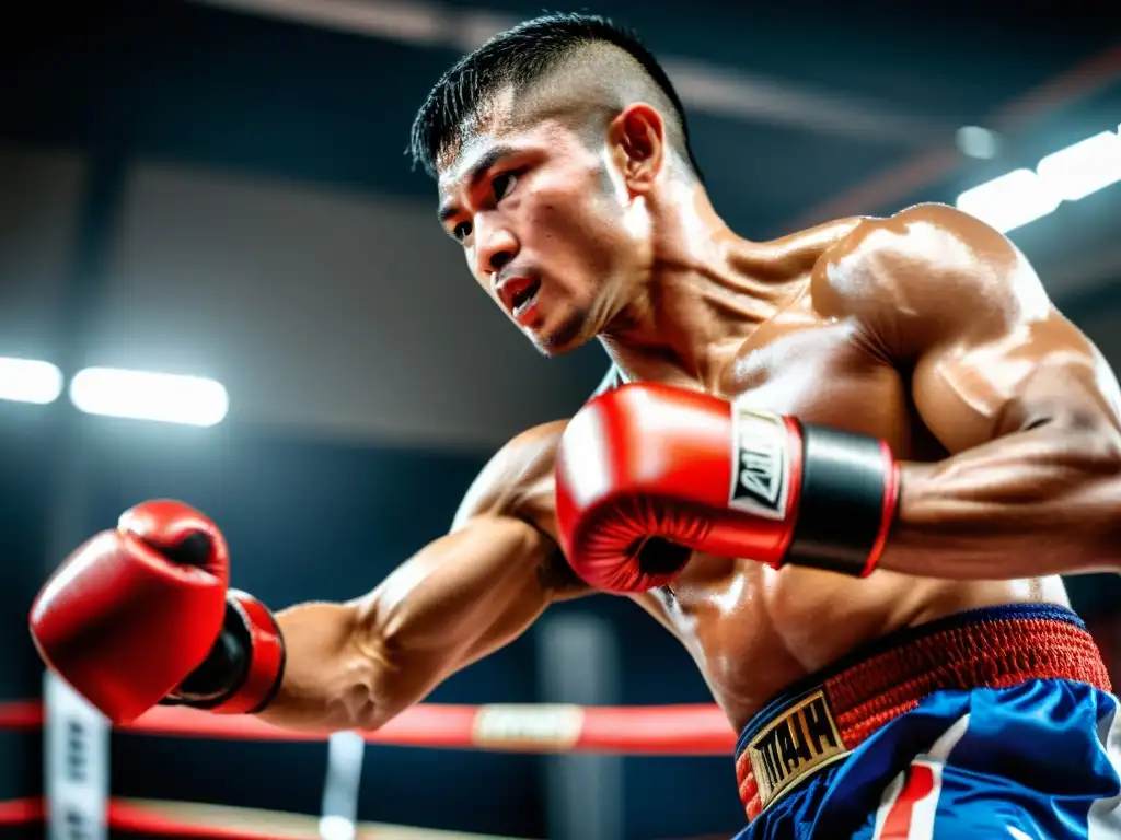 Un atleta de Muay Thai ejecuta un potente desplazamiento, mostrando la disciplina y habilidad en los desplazamientos en Muay Thai