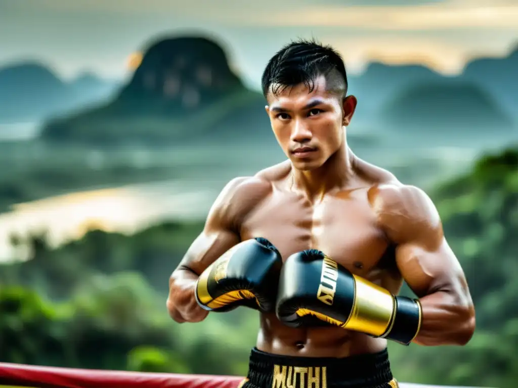 Un atleta de Muay Thai se prepara para la lucha, con cinta en una mano y guantes en la otra, en un escenario sereno en Tailandia