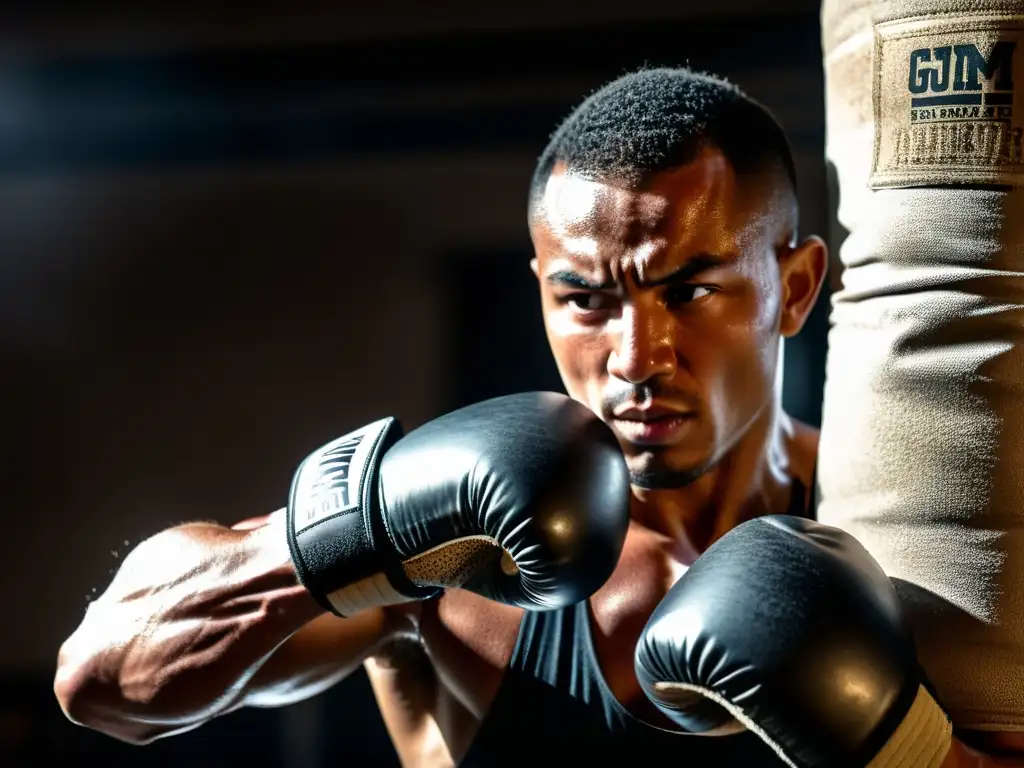 Un atleta musculoso golpea un saco de arena en un gimnasio sombrío y lleno de determinación, generando una nube de partículas de arena