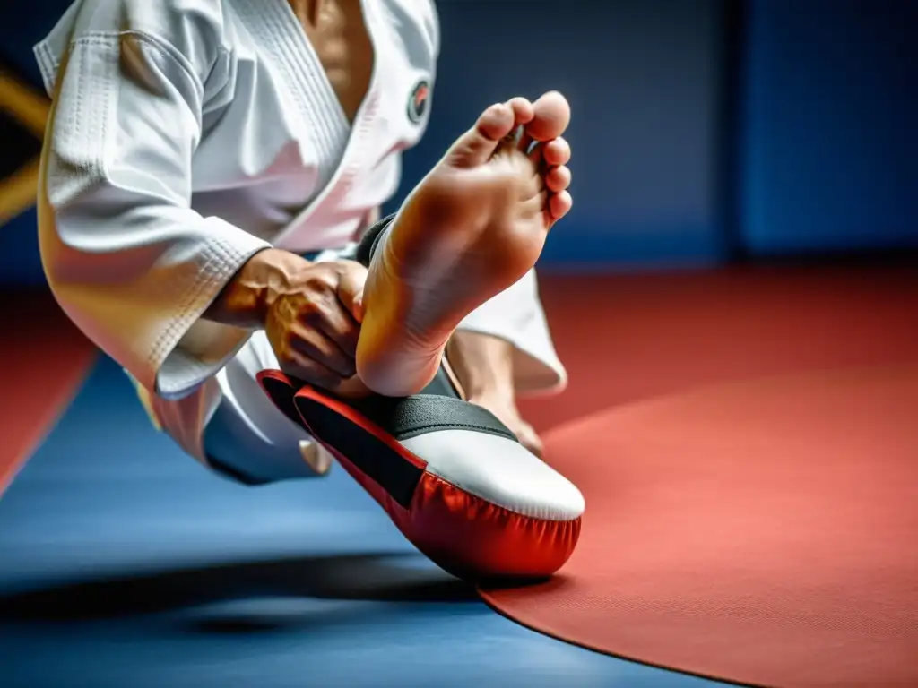 Un atleta de karate en las Olimpiadas, mostrando precisión y fuerza en un impactante golpe al entrenar, rodeado de determinación y esfuerzo