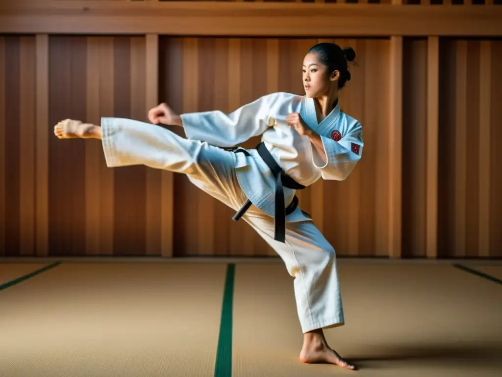 Un atleta de karate se prepara para las Olimpiadas con una patada alta, mostrando determinación y fuerza en un entorno de dojo tradicional