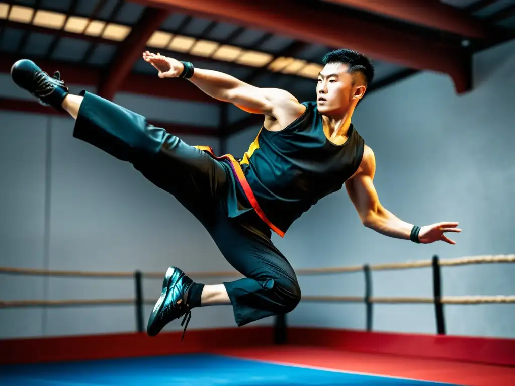 Un atleta de Wushu salta ejecutando una patada aérea con determinación en un gimnasio moderno