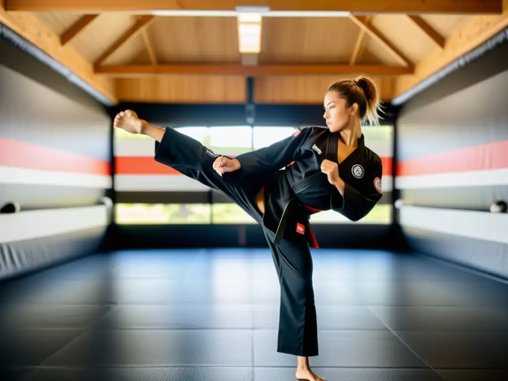 Un atleta ejecuta un perfecto patada giratoria luciendo ropa de entrenamiento para artes marciales, en un dojo amplio y bien iluminado