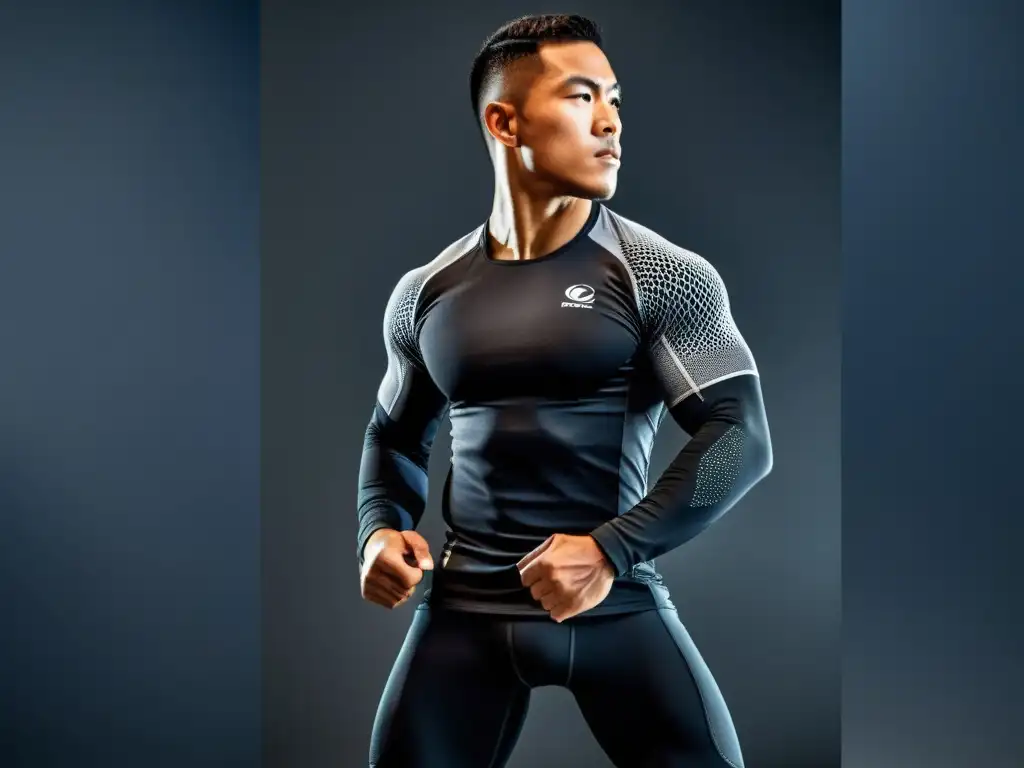 Un atleta en pose dinámica destaca la Ropa de entrenamiento con tecnología de compresión, mostrando detalles y tecnología de compresión