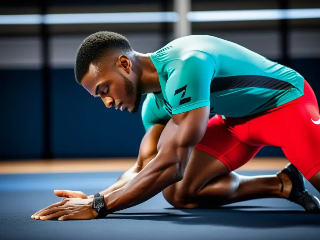 Un atleta profesional se estira antes de la competición, luciendo ropa de entrenamiento para competición