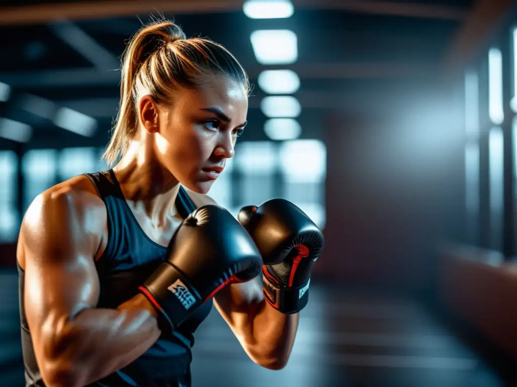 Un atleta profesional realiza ejercicios de sombras para coordinación en un gimnasio tenue, mostrando determinación y energía