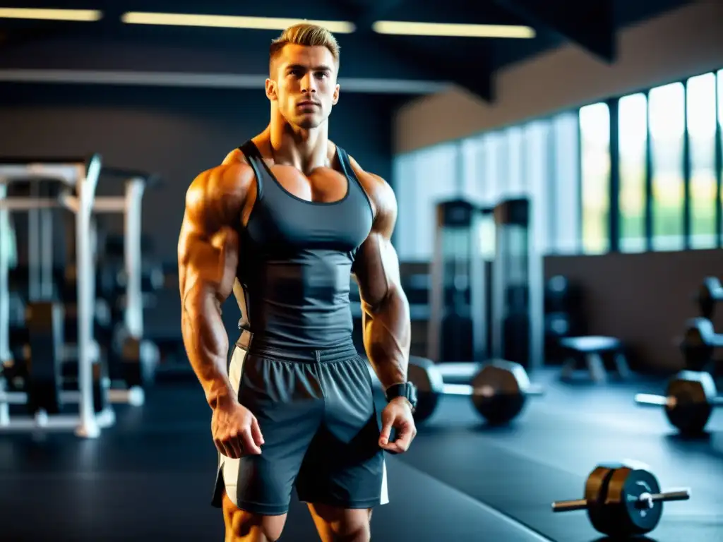 Un atleta profesional en ropa de entrenamiento para competición, de pie con determinación en un gimnasio, listo para la acción