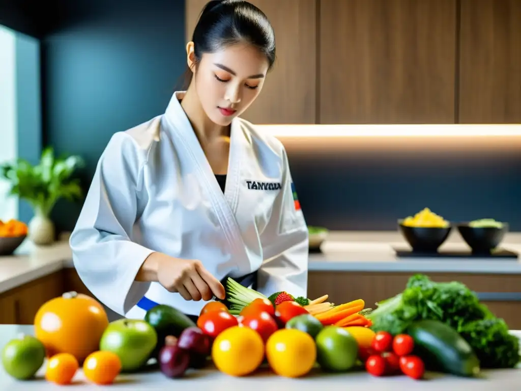 Un atleta de taekwondo prepara una comida equilibrada y rica en vitaminas para desempeño en Taekwondo en una cocina moderna y bien iluminada