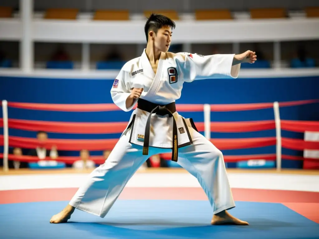 Un atleta de Taekwondo en competencia, concentrado y poderoso, muestra la intensidad y determinación en el arte marcial