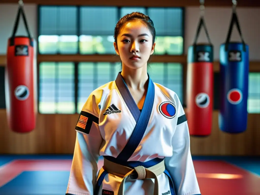 Un atleta de taekwondo concentrado en un estudio lleno de equipo tradicional