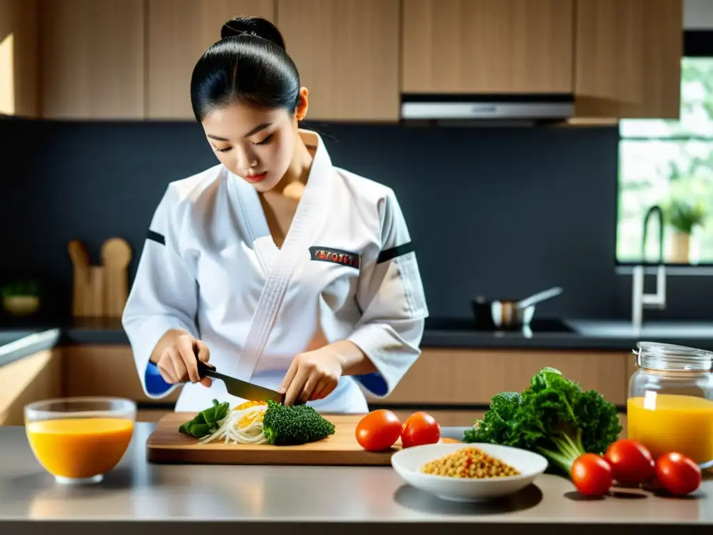 Un atleta de Taekwondo se esmera en preparar su dieta para competir, mostrando disciplina y profesionalismo en la cocina moderna y bien iluminada