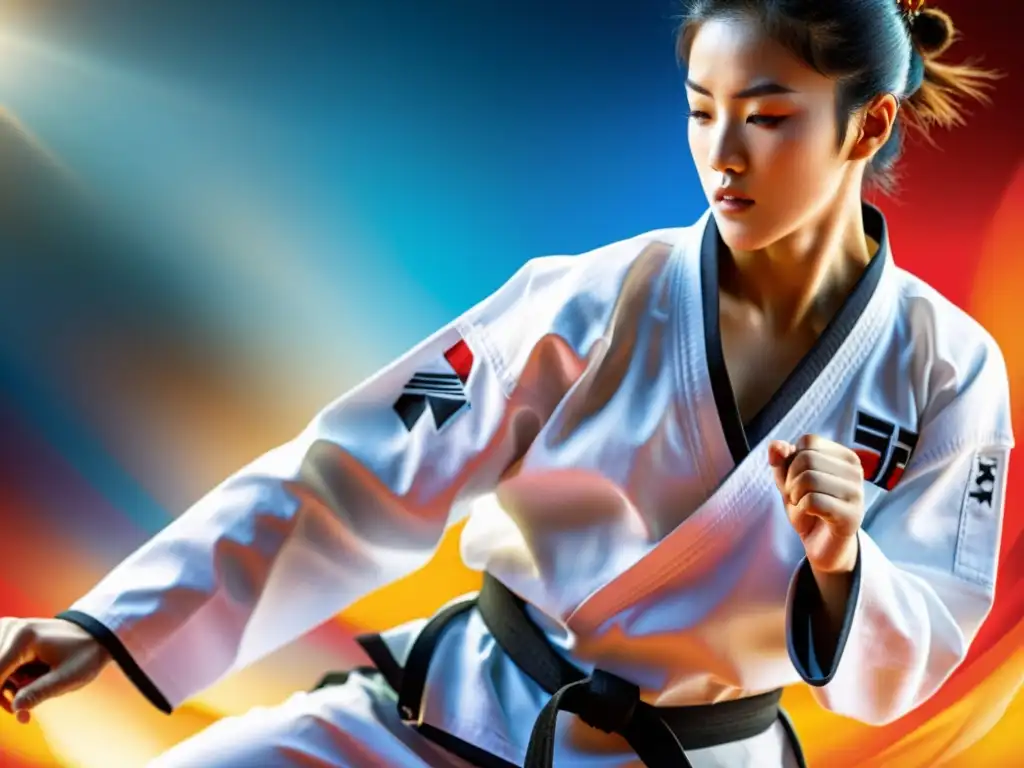 Un atleta de taekwondo en dobok blanco y cinturón negro muestra determinación y serenidad antes de un salto