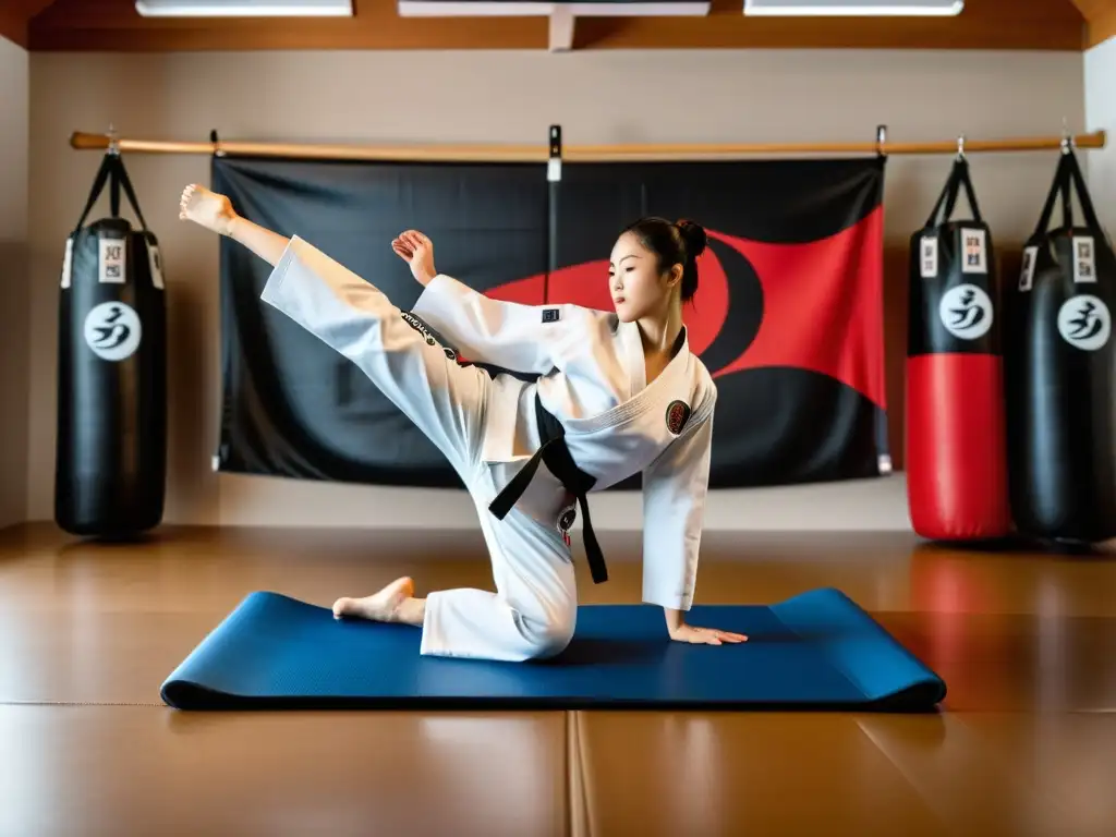 Un atleta de taekwondo realiza estiramientos dinámicos en un dojo, evocando disciplina y fuerza en el acondicionamiento físico para artes marciales