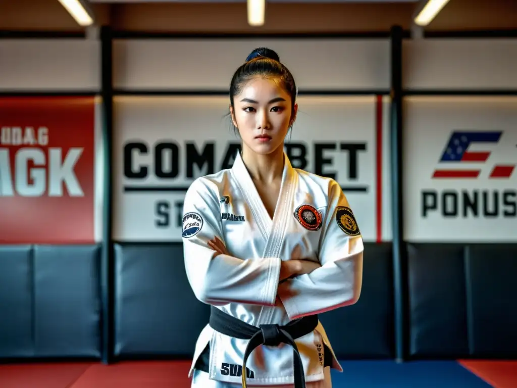 Un atleta de taekwondo en el gimnasio, concentrado, con sudor en la piel, rodeado de equipos de entrenamiento y carteles motivacionales