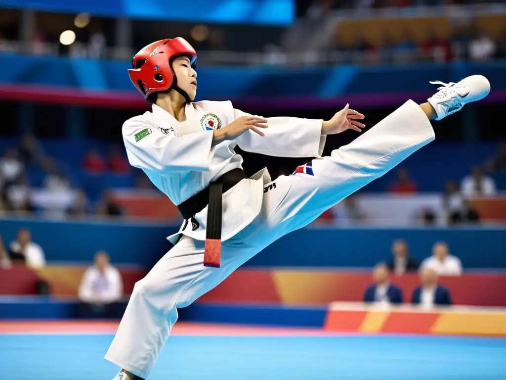 Un atleta de taekwondo ejecuta un impecable golpe volador en los Juegos Olímpicos, mostrando la importancia del taekwondo en el evento